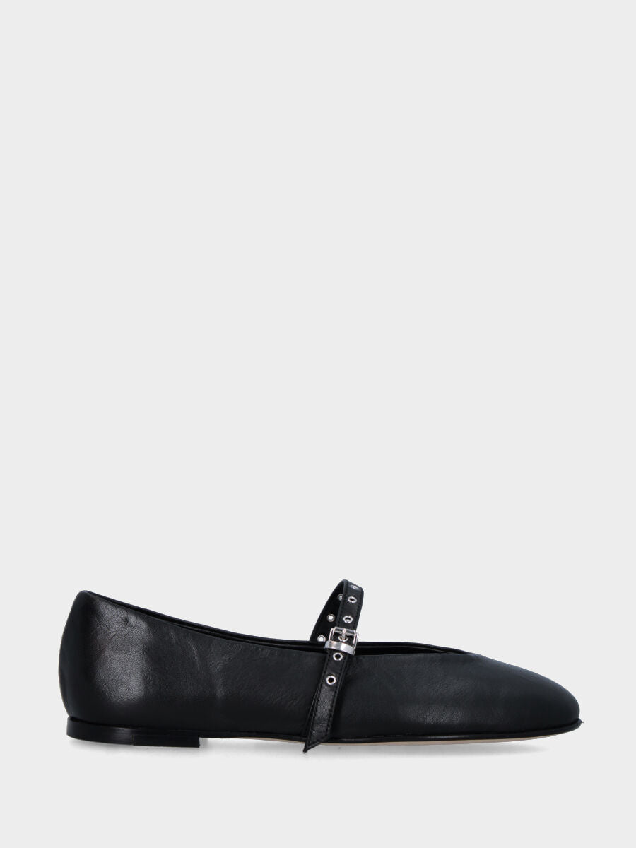 Ballerina Mary Jane in nappa nera con cinturino decorato