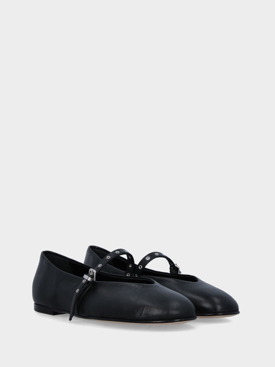 Ballerina Mary Jane in nappa nera con cinturino decorato