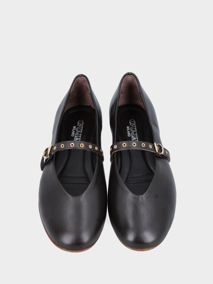 Ballerina Mary Jane in nappa testa di moro con cinturino decorato