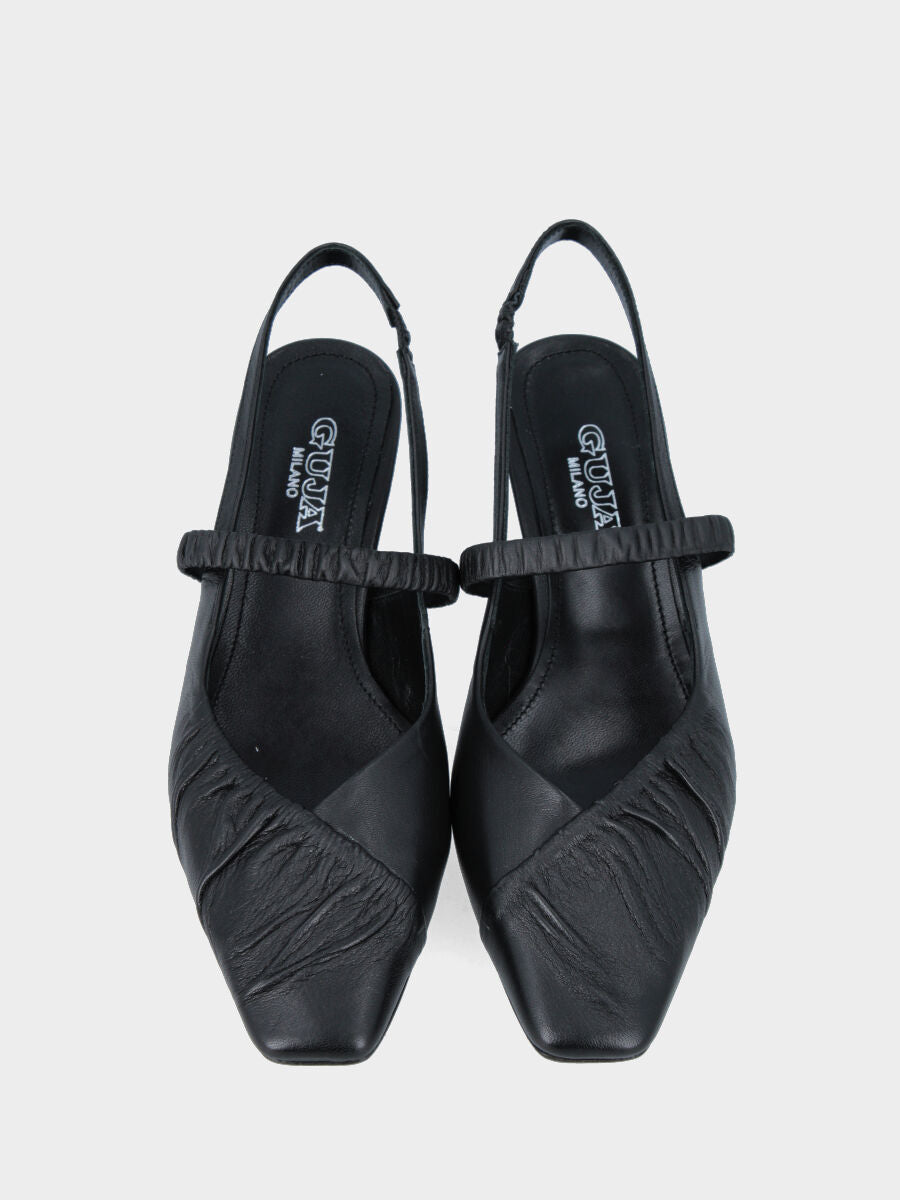 Slingback in vitello nero con tacco incavato e tomaia incrociata