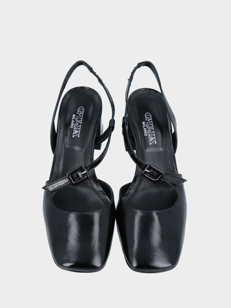 Slingback in verlux nero con cinturino sinuoso e tacco a blocco