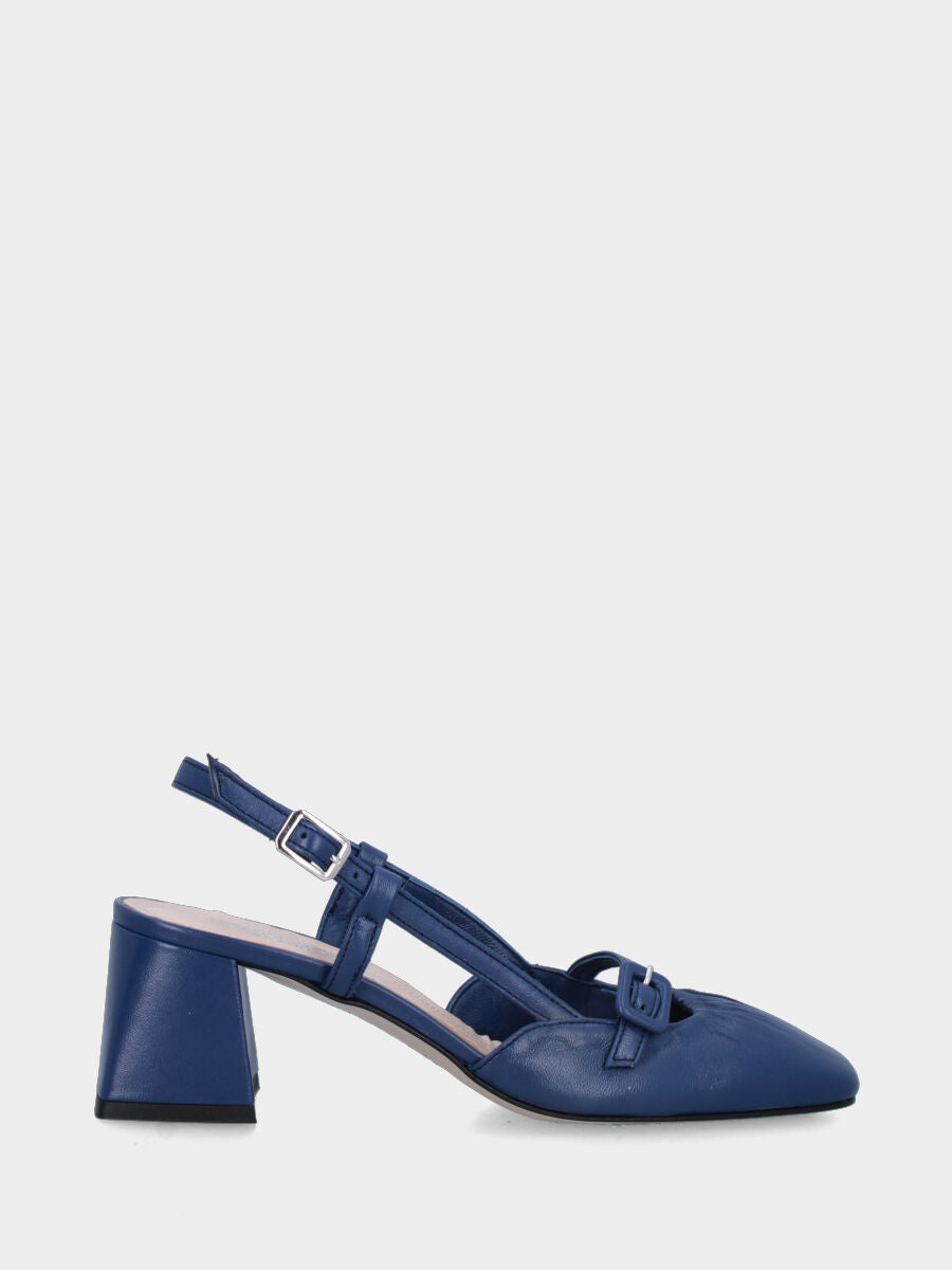 Slingback in nappa blu con tacco a blocco e cinturino fasciato
