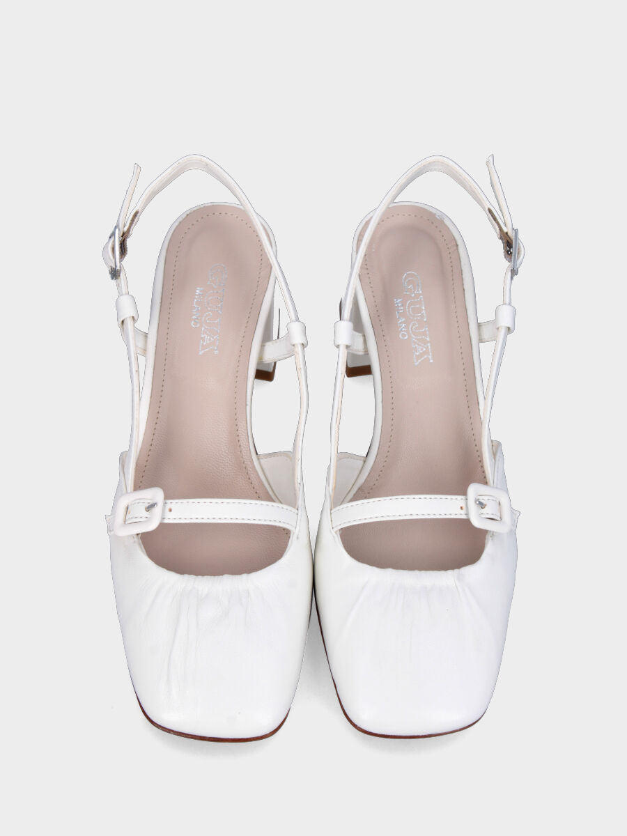 Slingback in nappa bianca con tacco a blocco e cinturino fasciato