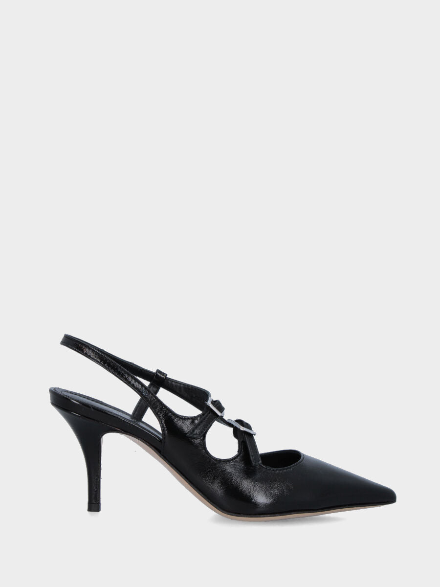 Slingback in verlux nero con tacco incavato e cinturini a V