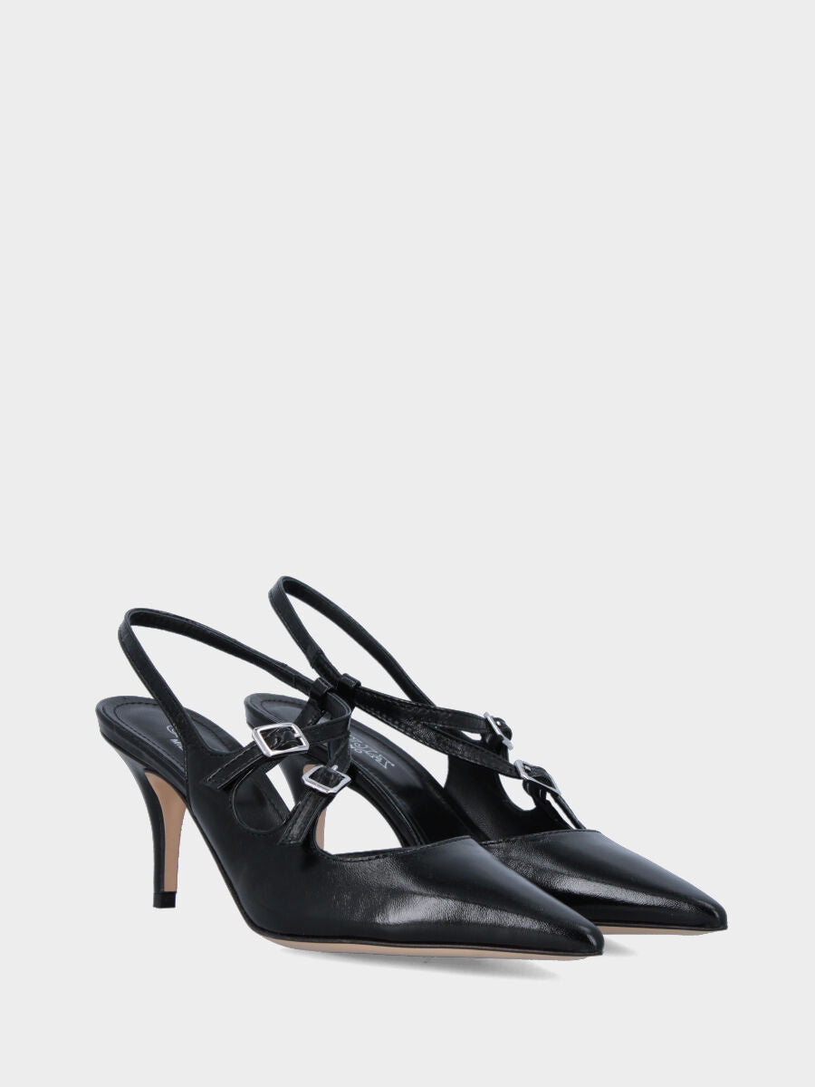 Slingback in verlux nero con tacco incavato e cinturini a V