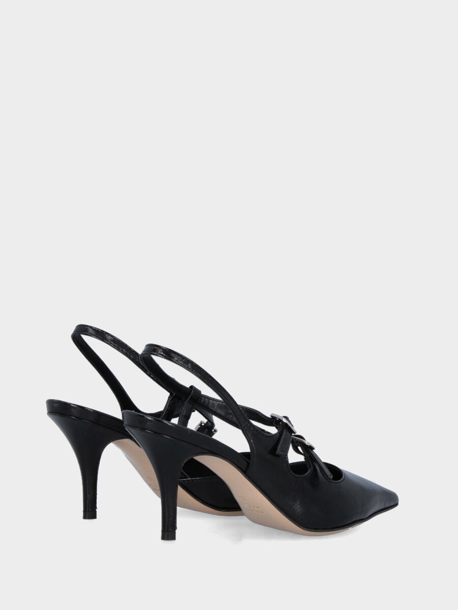 Slingback in verlux nero con tacco incavato e cinturini a V