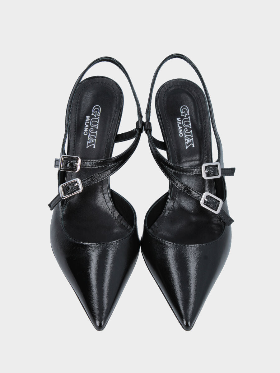 Slingback in verlux nero con tacco incavato e cinturini a V