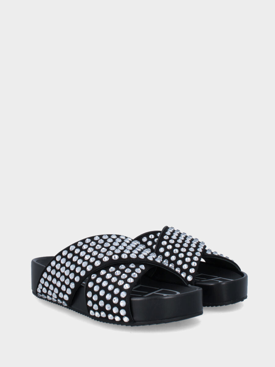 Ciabattone platform in nappa nera con strass su fasce incrociate