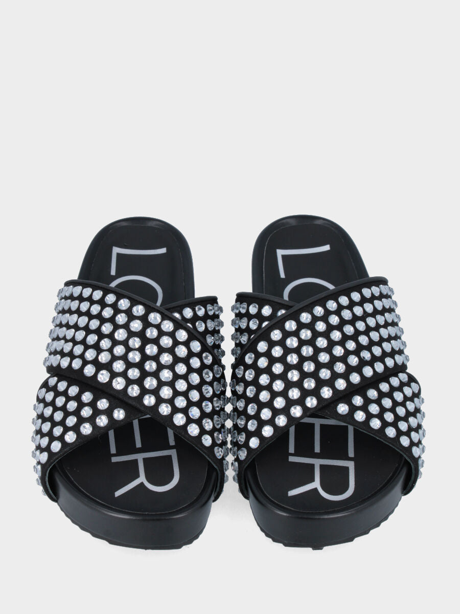 Ciabattone platform in nappa nera con strass su fasce incrociate