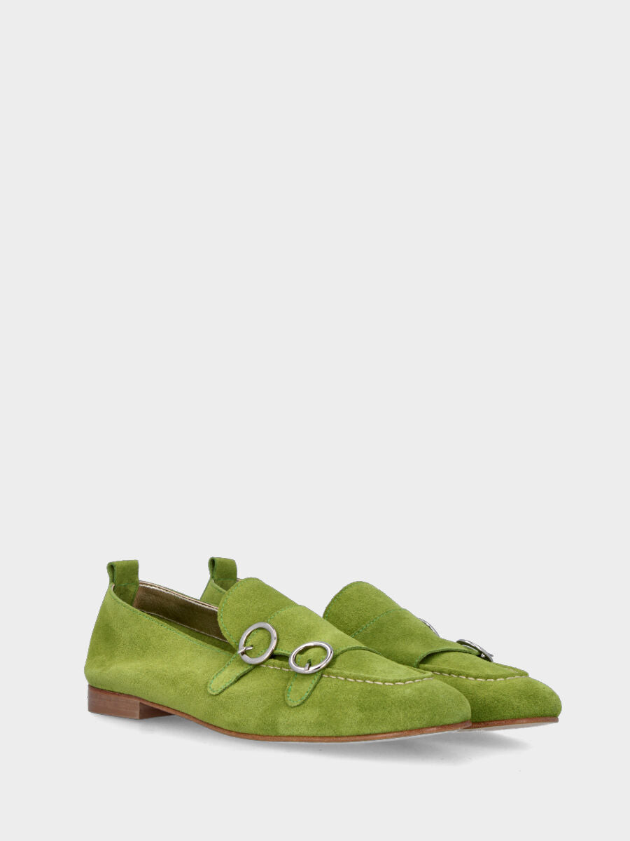 Mocassin en suède vert avec double boucle et couture adler