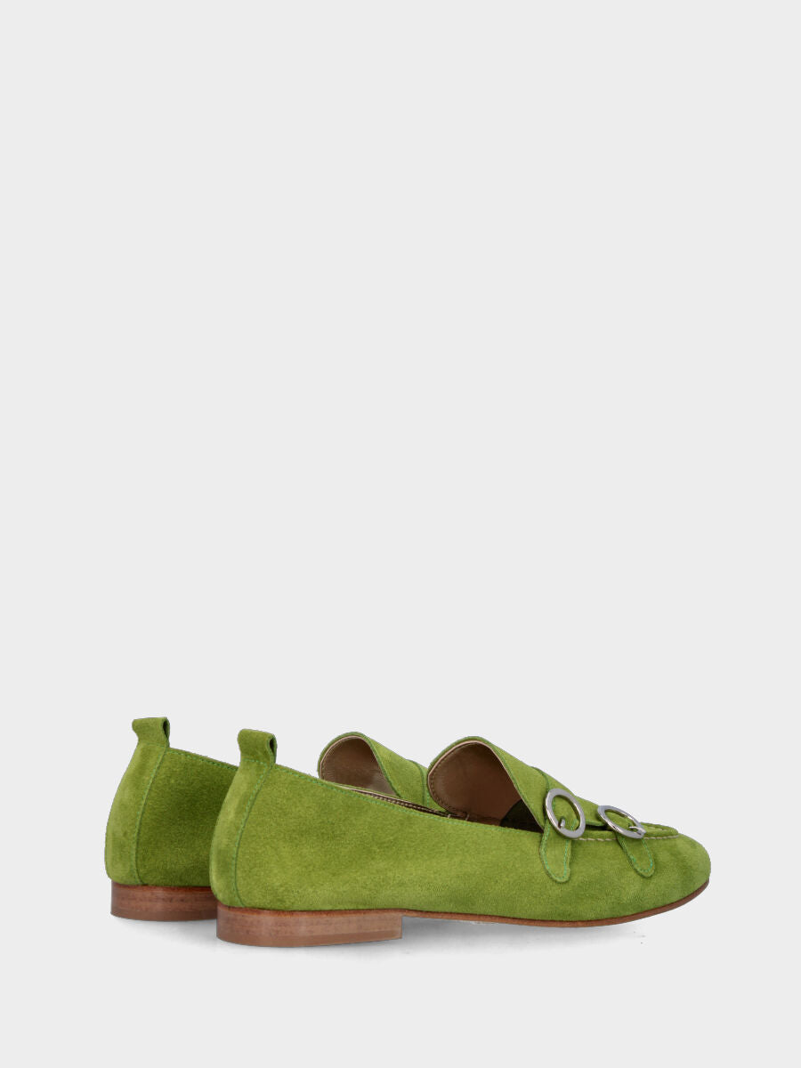 Mocassin en suède vert avec double boucle et couture adler