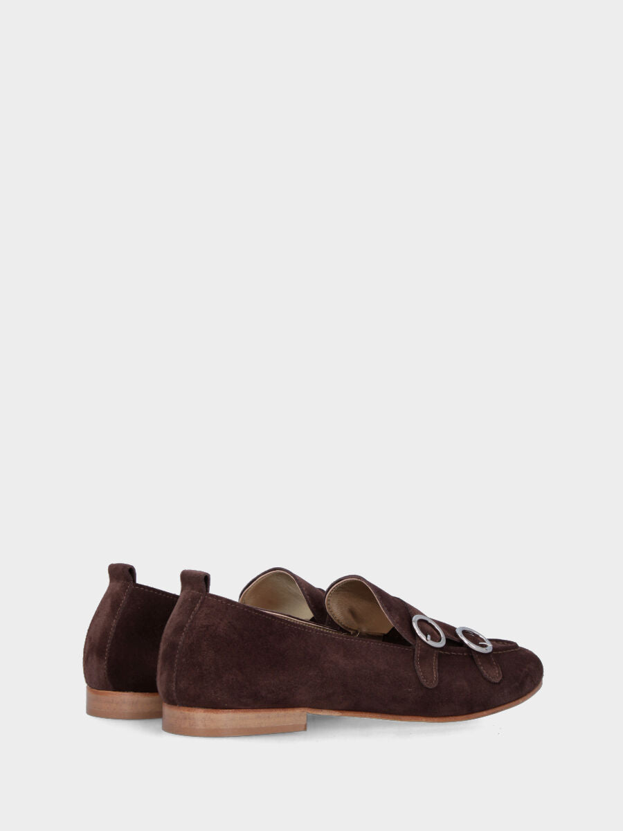 Dark brown suede moccasin with double buckle and Adler stitching