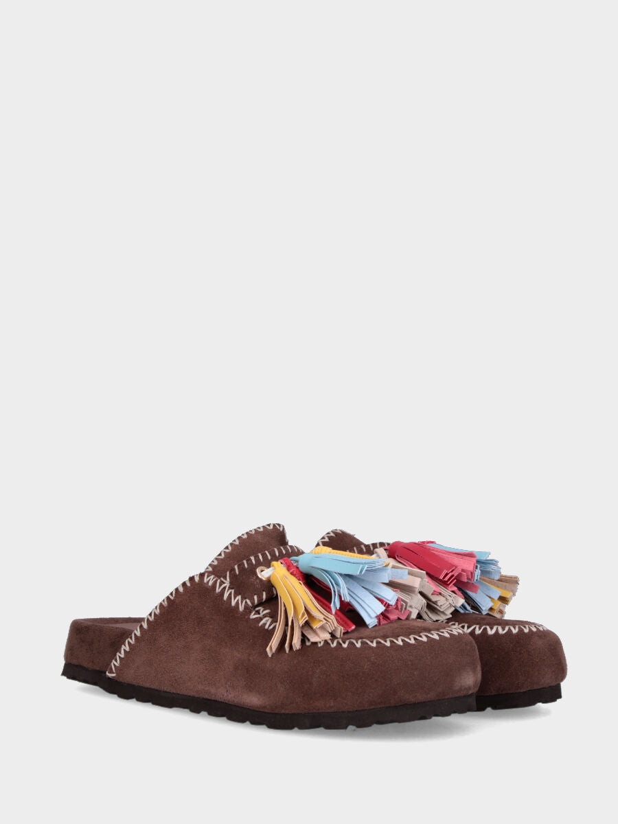 Ciabattone in velour testa di moro con fusbet interno e nappine multicolor