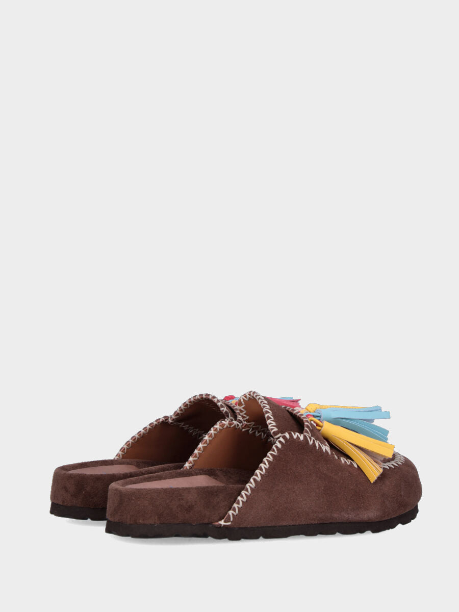 Ciabattone in velour testa di moro con fusbet interno e nappine multicolor