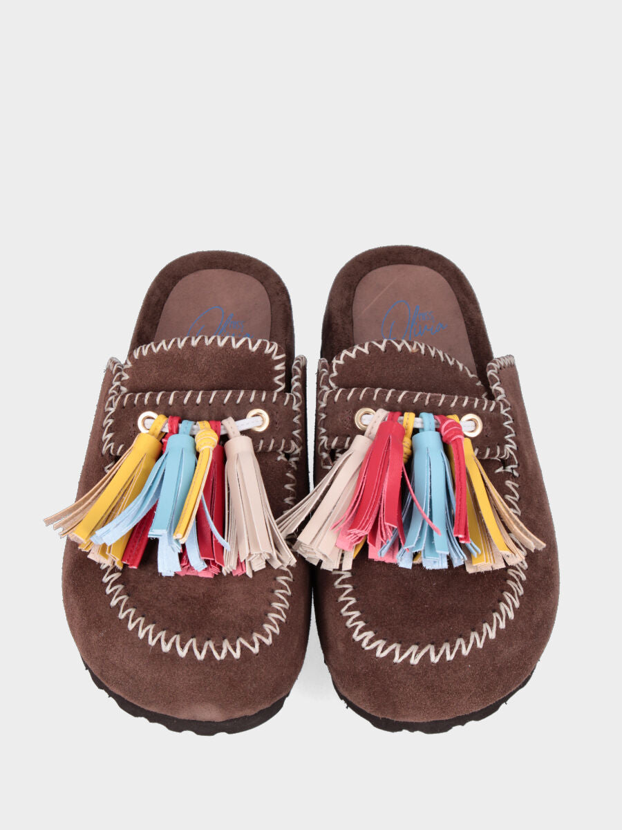 Ciabattone in velour testa di moro con fusbet interno e nappine multicolor