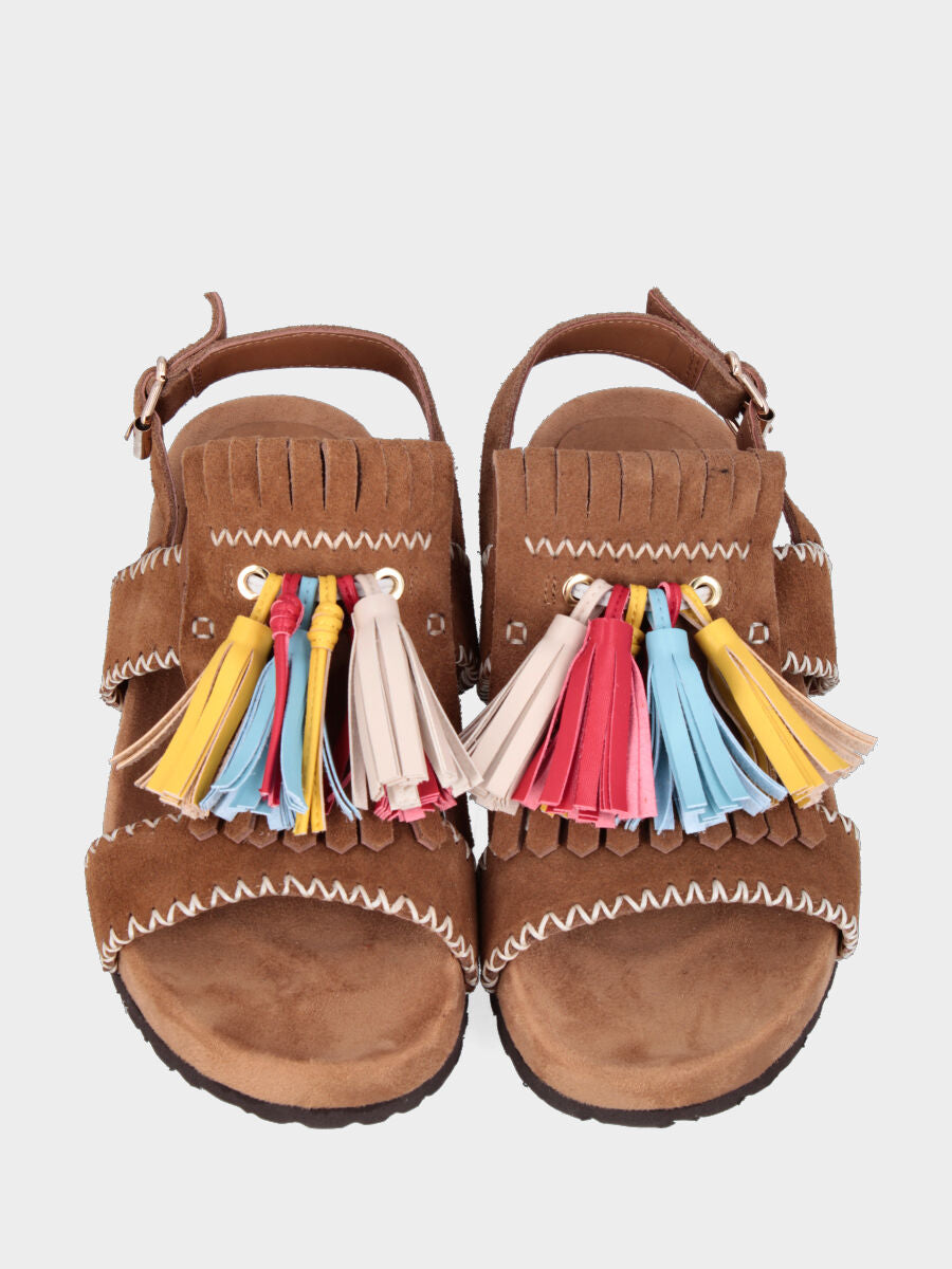 Sandalo in velour color cuoio con fusbet interno e nappine multicolor