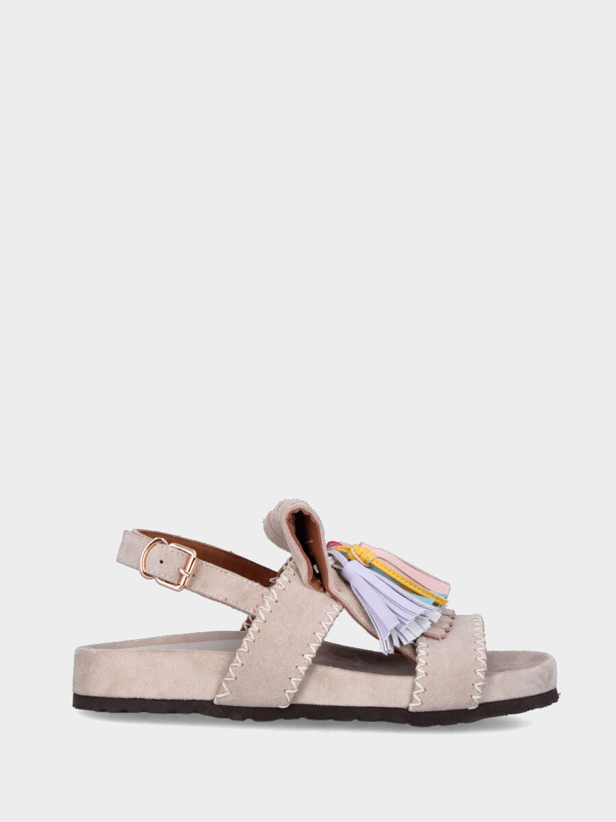 Sandalo in velour beige con fusbet interno e nappine multicolor