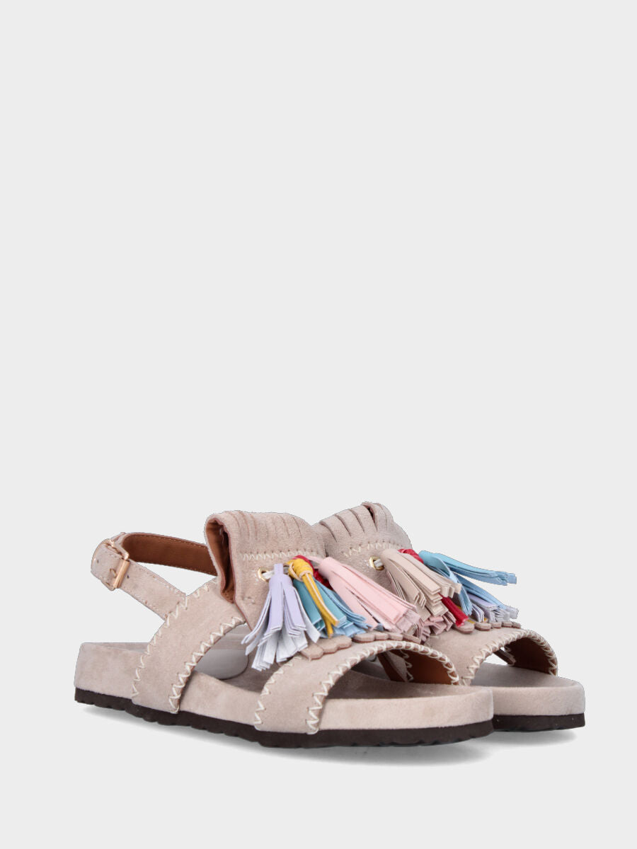 Sandalo in velour beige con fusbet interno e nappine multicolor