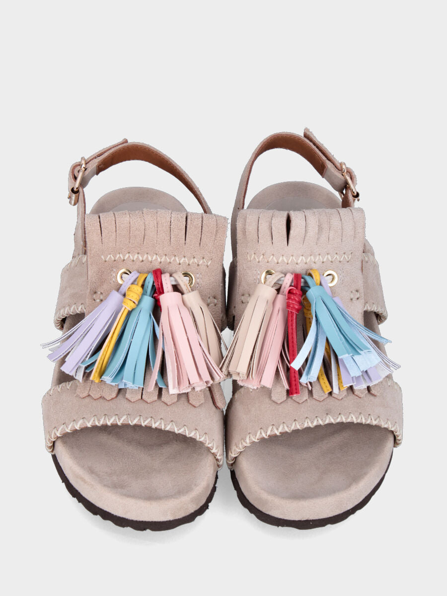 Sandalo in velour beige con fusbet interno e nappine multicolor