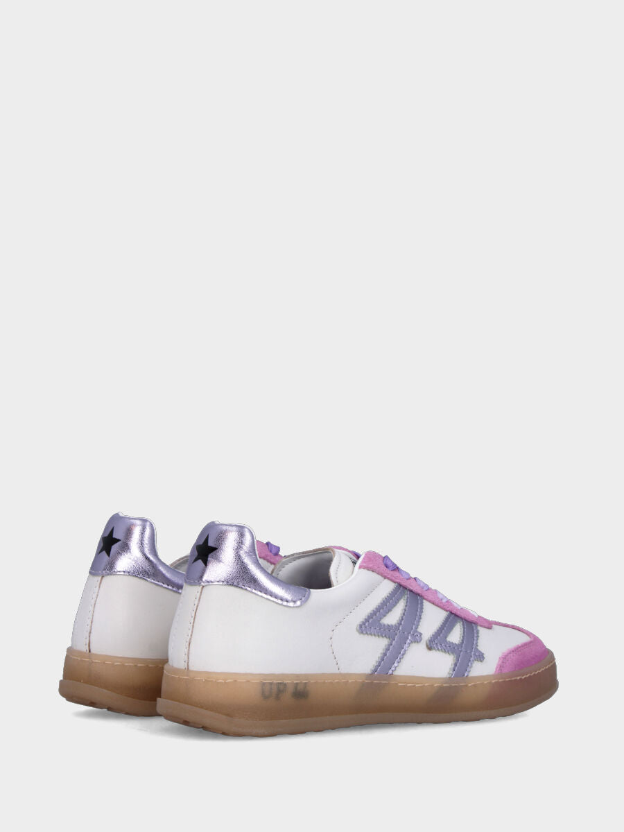 Sneaker in vitello bianco e camoscio lilla con dettagli in laminato argento