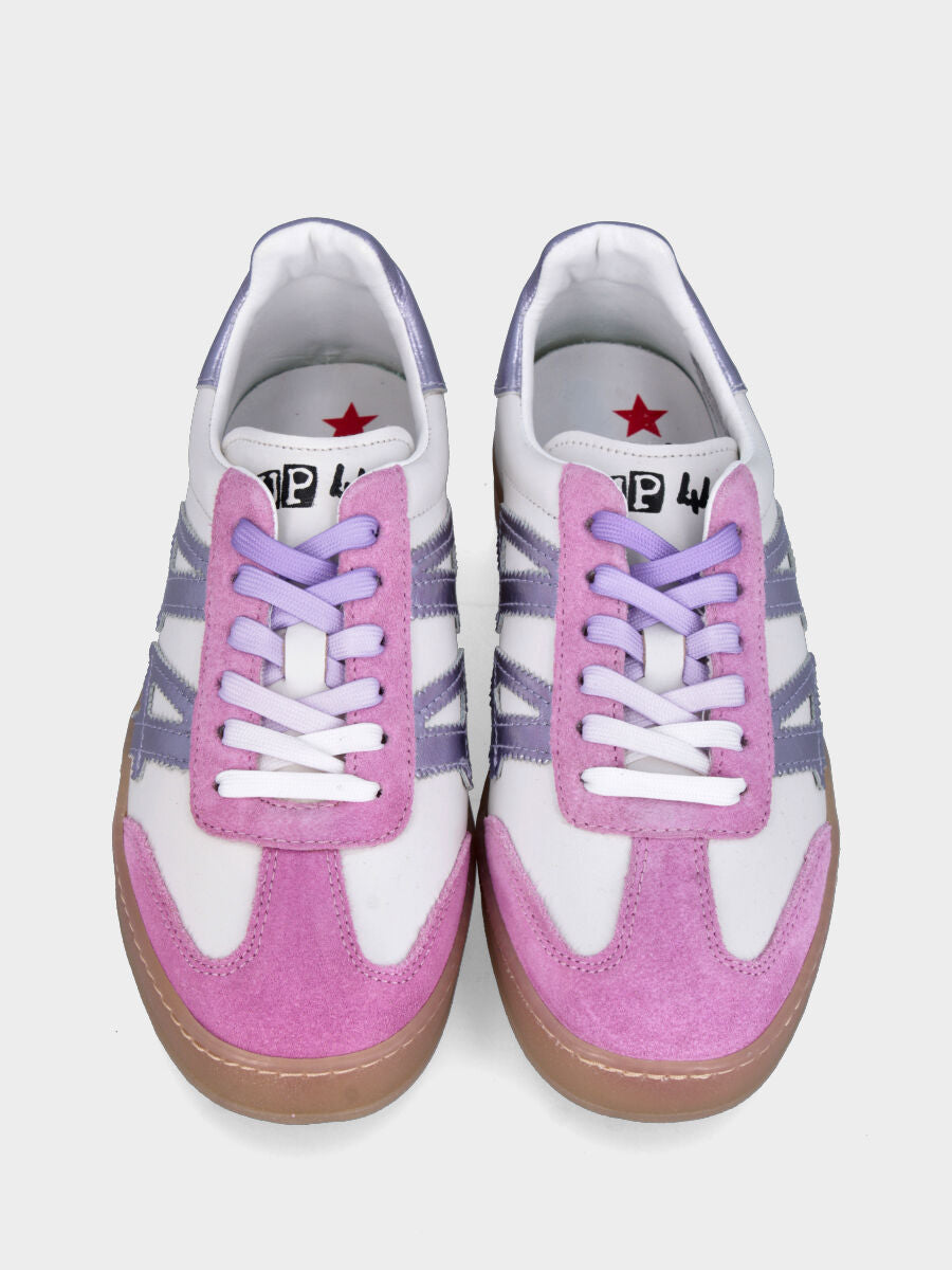 Sneaker in vitello bianco e camoscio lilla con dettagli in laminato argento