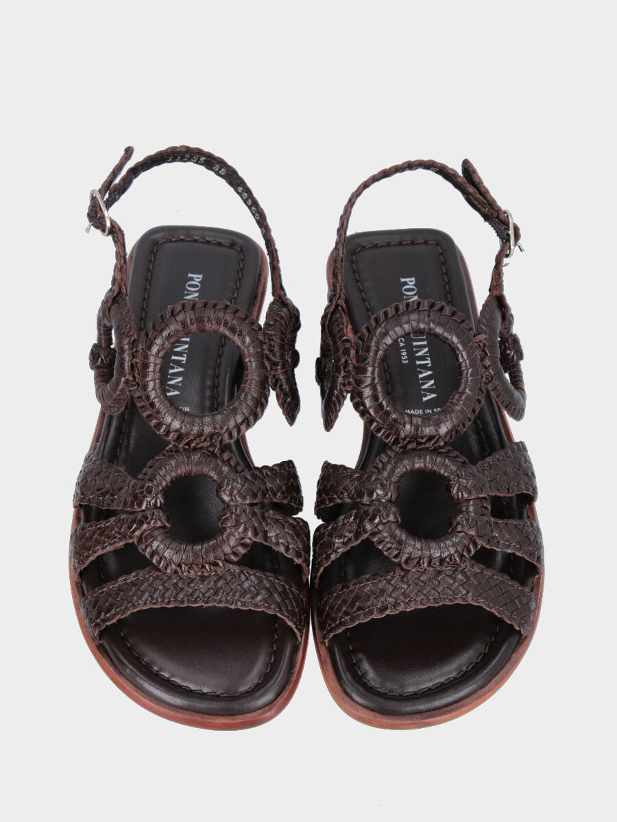 Sandalo in nappa testa di moro con intrecci e cerchi ornamentali