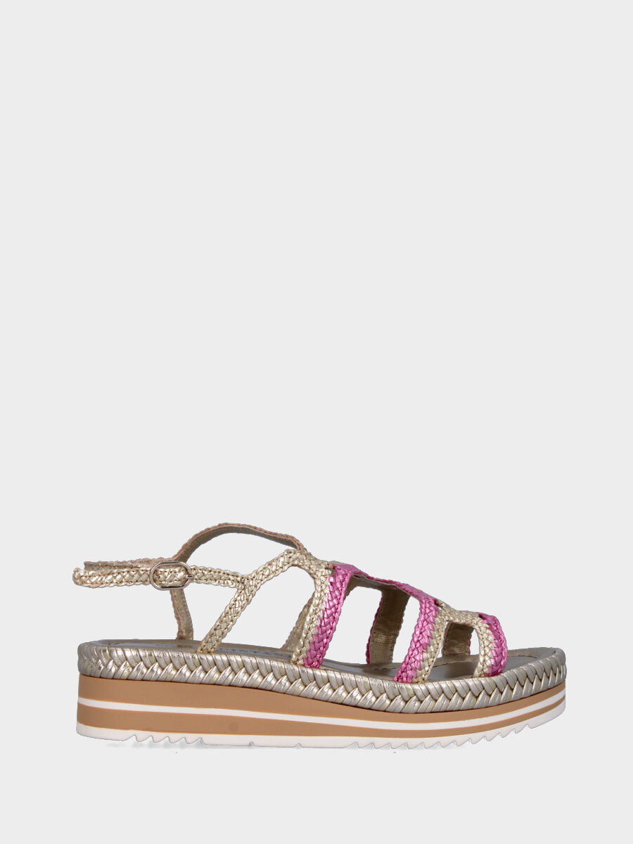 Sandalo platform in laminato platino con intrecci rosa e bronzo