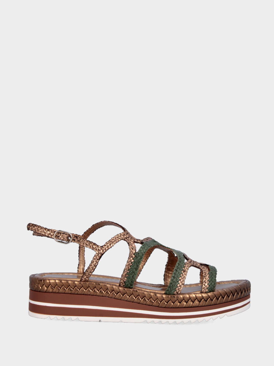 Sandalo platform in laminato bronzo con intrecci verdi e bronzo