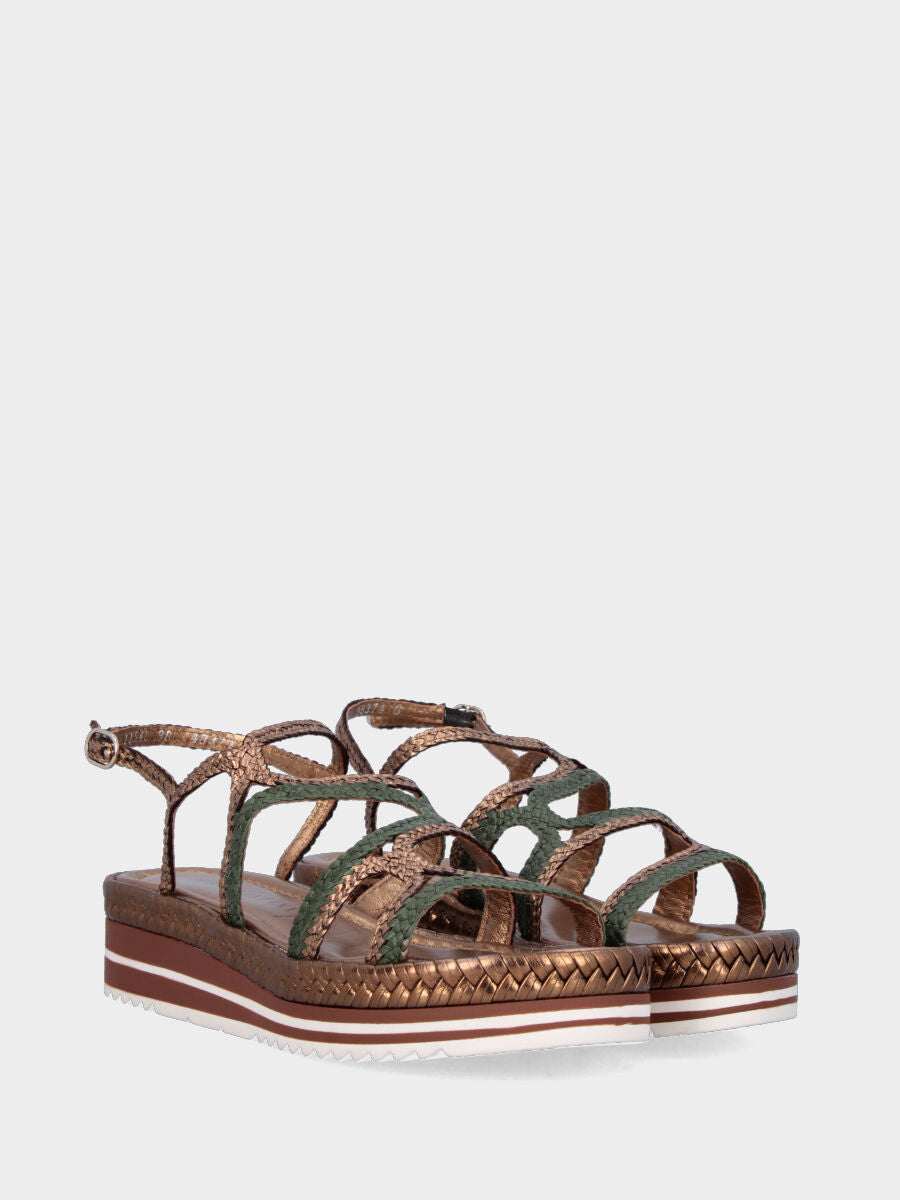 Sandalo platform in laminato bronzo con intrecci verdi e bronzo
