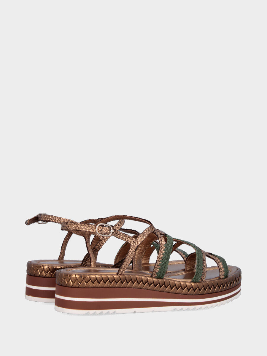 Sandalo platform in laminato bronzo con intrecci verdi e bronzo