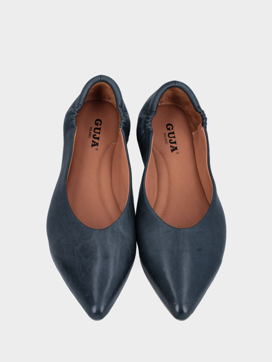 Ballerina in nappa blu con arricciatura ed elastico alla caviglia