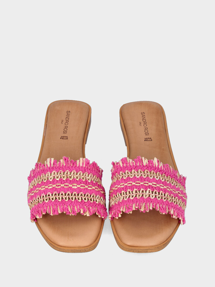 Ciabattina in rafia beige e fucsia con fascia in pianta