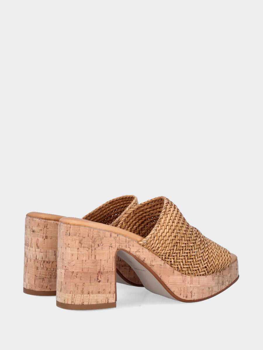 Ciabattone in rafia beige con zeppa in sughero e fascia intrecciata