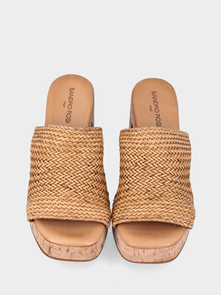 Ciabattone in rafia beige con zeppa in sughero e fascia intrecciata