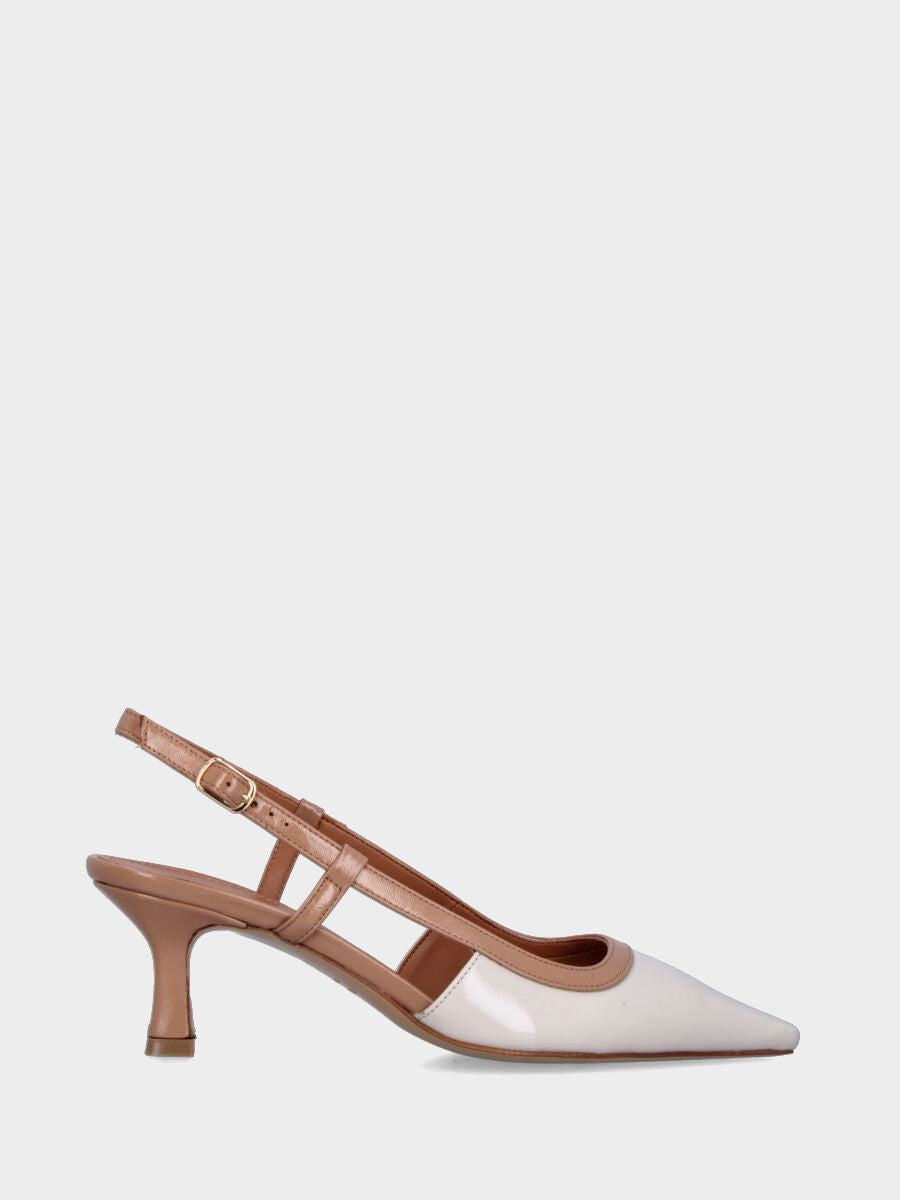 Slingback in verlux bianco latte con listini cammello