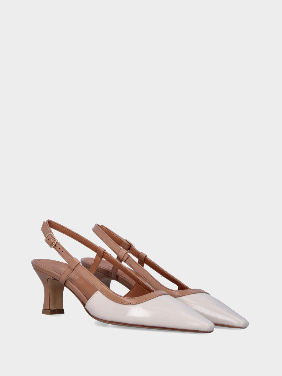 Slingback in verlux bianco latte con listini cammello
