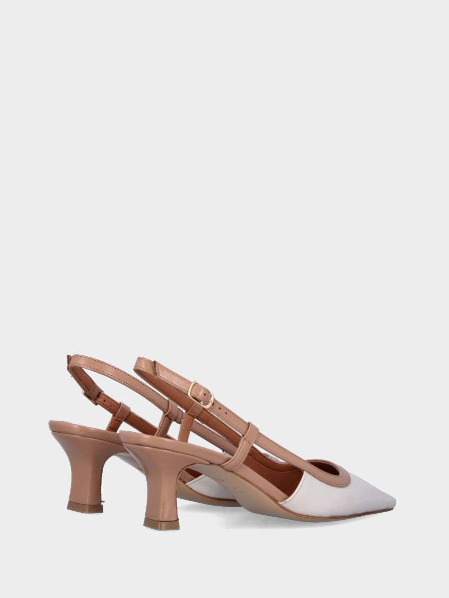 Slingback in verlux bianco latte con listini cammello