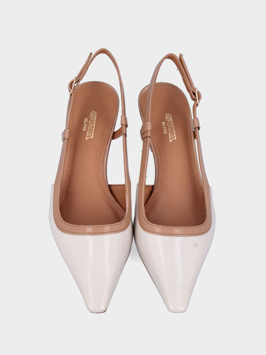 Slingback in verlux bianco latte con listini cammello