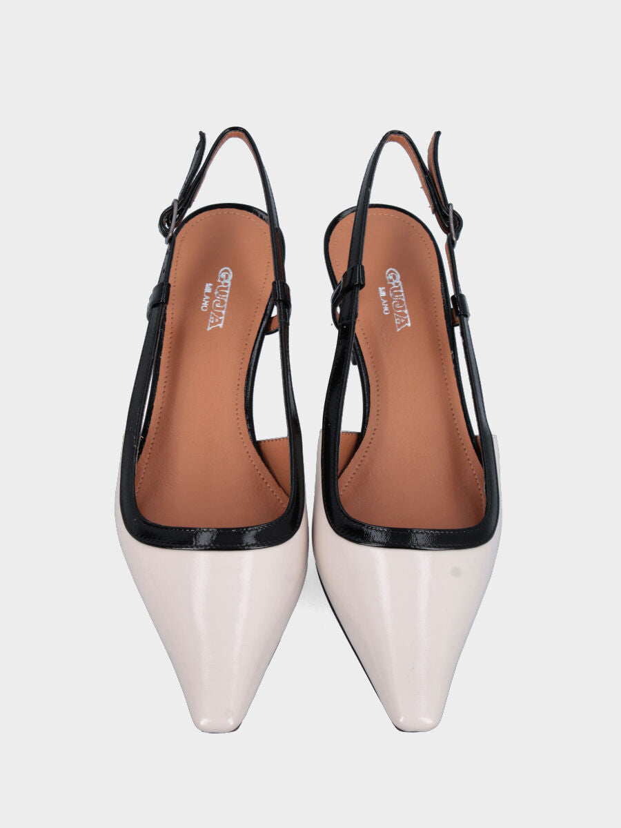 Slingback in verlux bianco latte con listini neri