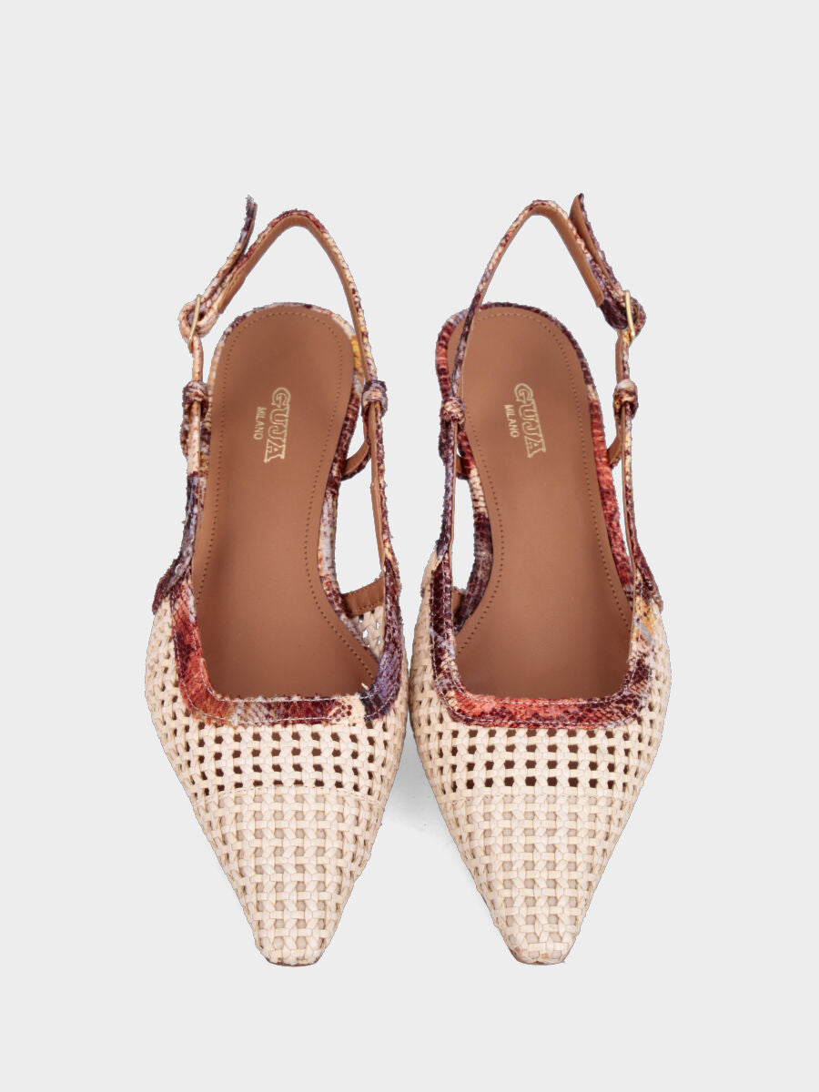 Slingback in rafia beige con profili e tacco a coda