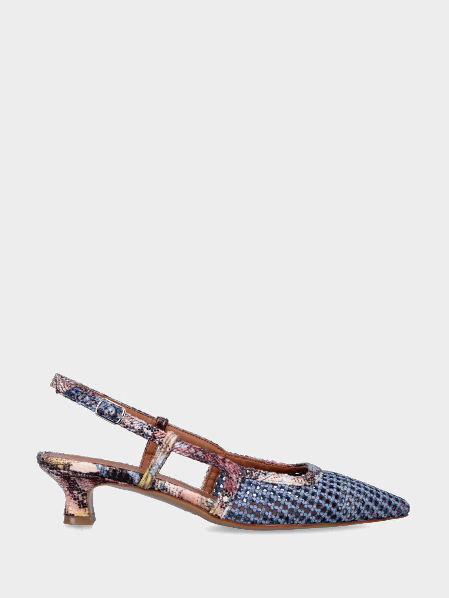 Slingback in rafia celeste con profili e tacco a coda