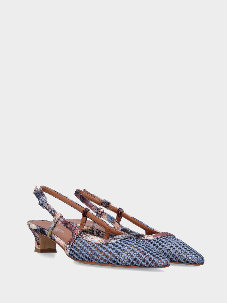 Slingback in rafia celeste con profili e tacco a coda