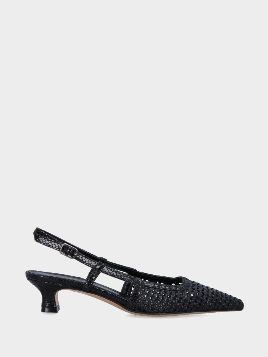 Slingback in rafia nera con profili e tacco a coda