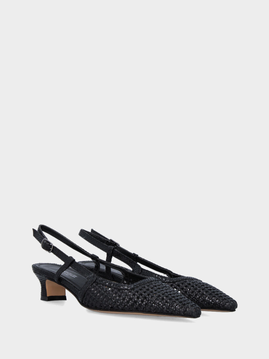 Slingback in rafia nera con profili e tacco a coda