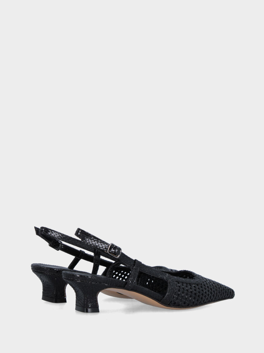 Slingback in rafia nera con profili e tacco a coda
