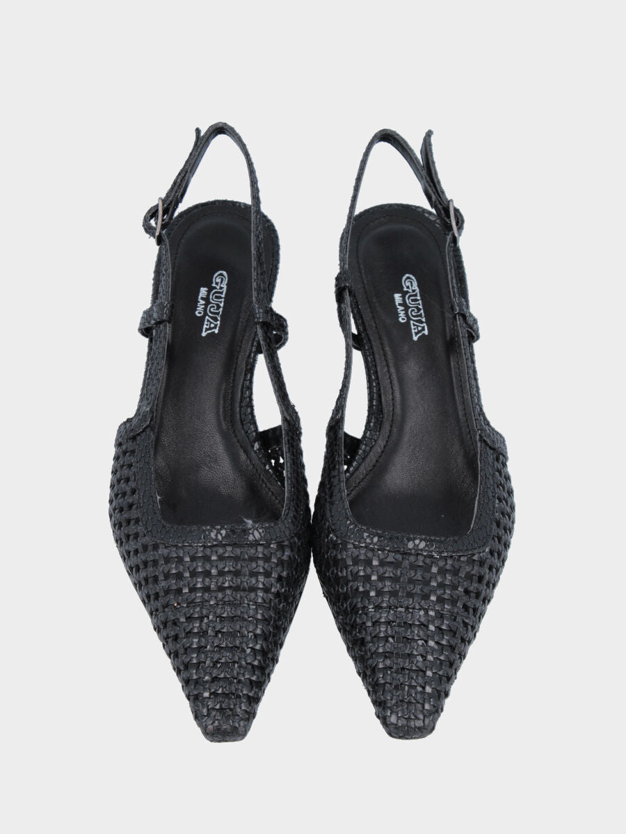 Slingback in rafia nera con profili e tacco a coda