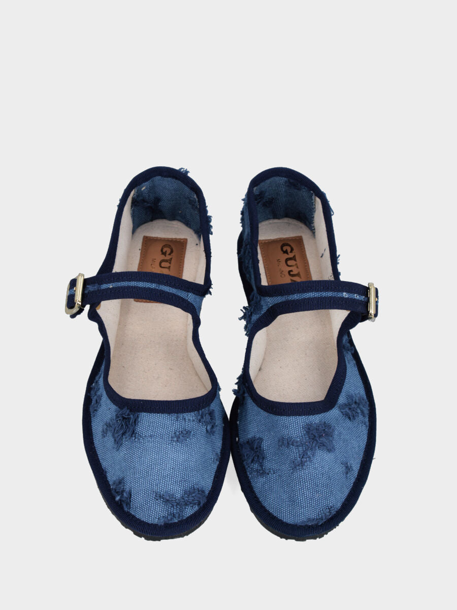 Friulana Mary Jane in tessuto azzurro con strappi e tacco flat