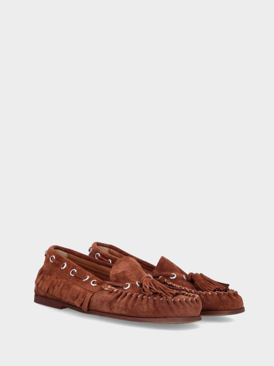 Mocassino in velour marrone con frange e nappine