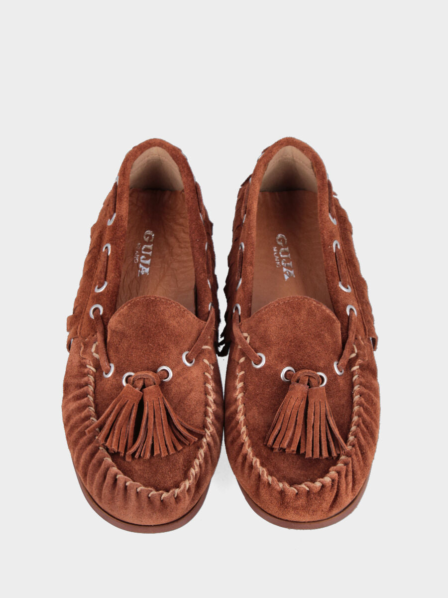 Mocassino in velour marrone con frange e nappine