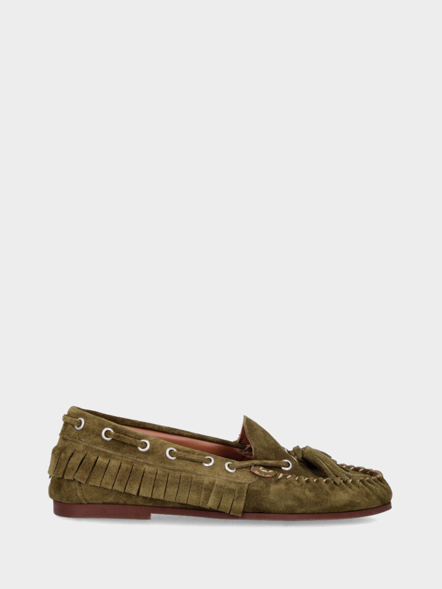 Mocassino in velour verde con frange e nappine